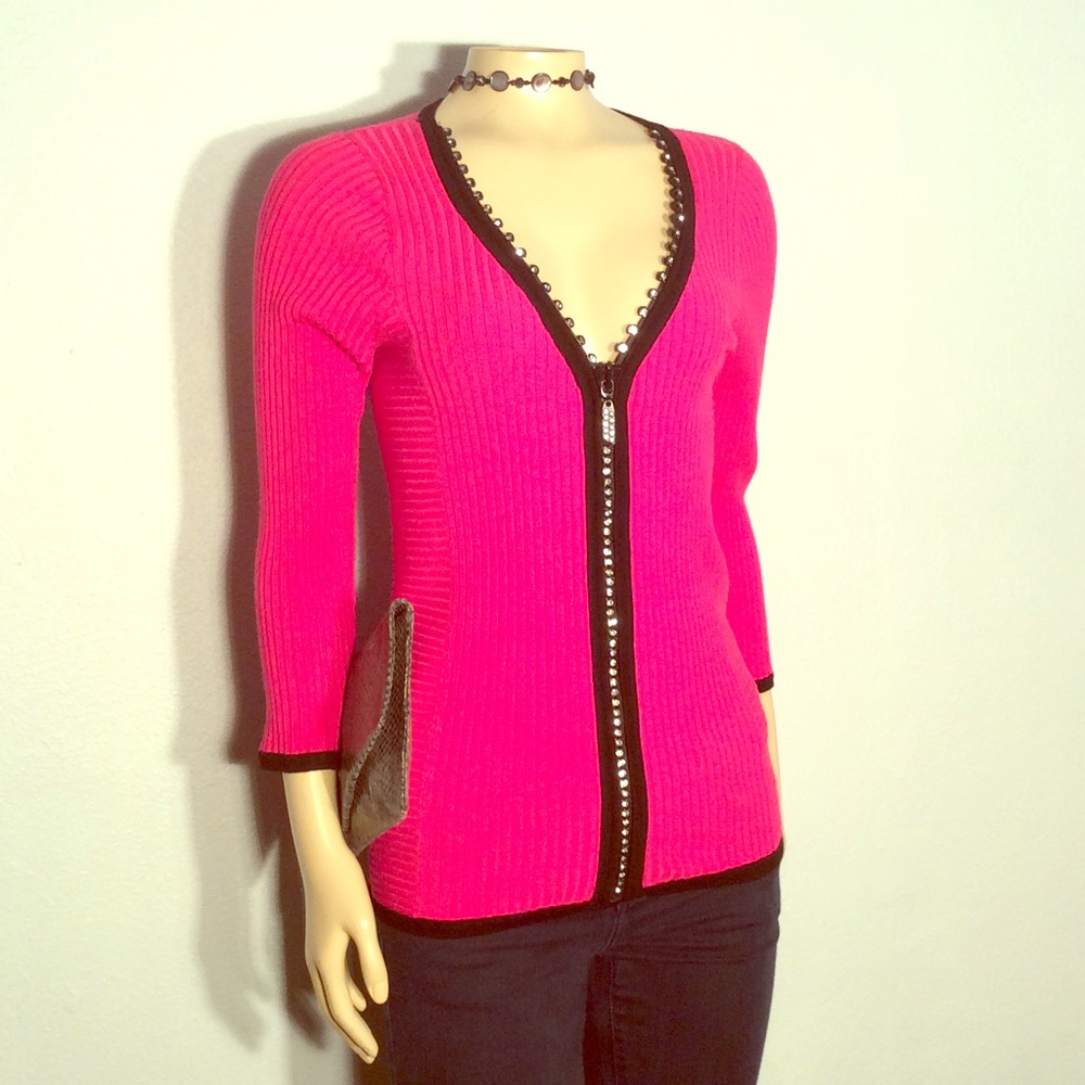 Belldini pink ribbed cardigan with rhinestone zip
